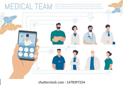 Online Medical Diagnosis Service. Cartoon Human Hand Holding Phone With Open Chat With Male Doctor Giving Consultation Via Internet. Hospital Team In Uniform Presentation. Vector Flat Illustration