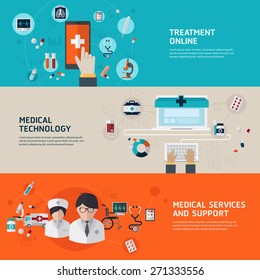 Online medical diagnosis and treatment. Flat design concepts for web banners and printed materials and promotional materials.