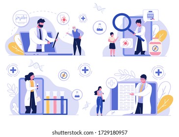 Online medical doctor advice consultation service. Healthcare, medicine, lab test. Telemedicine, internet technology. Old man, adult woman, little children ask therapist for help, disease diagnosis