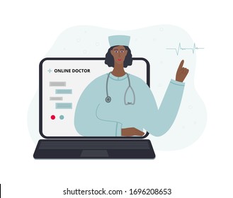 Online Medical Doctor consulting from laptop computer female character. Hospital woman profession concept vector illustration. Simple flat health care workers epidemic pandemic quarantine instruction.