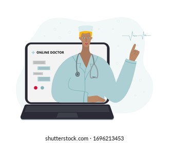 Online Medical Doctor consulting from laptop computer male character. Hospital man profession concept vector illustration. Simple flat health care workers epidemic pandemic quarantine instruction.