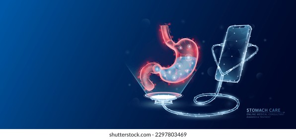 Online medical. Doctor patient consultation. Smartphone and stethoscope checks health human stomach red translucent low poly triangles and copy space for text. Healthcare digital concept. Vector EPS10