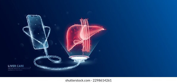 Online medical. Doctor patient consultation. Smartphone and stethoscope checks health human liver organ red translucent low poly triangles and copy space for text. Health care digital concept. Vector.