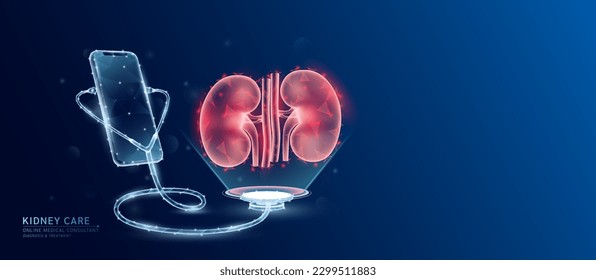 Online medical. Doctor patient consultation. Smartphone and stethoscope checks health human kidney red translucent low poly triangles and copy space for text. Healthcare digital concept. Vector EPS10.