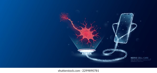 Online medical. Doctor patient consultation. Smartphone and stethoscope checks health human nerve cell red translucent low poly triangles and copy space for text. Healthcare digital concept. Vector