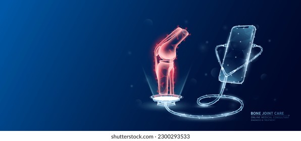 Online medical. Doctor patient consultation. Smartphone and stethoscope checks health bone joint red translucent low poly triangles and copy space for text. Health care digital concept. Vector banner.