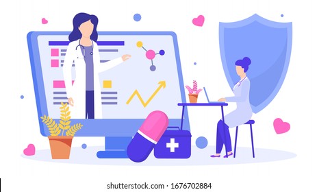 Online Medical Education Of Doctor Vector Illustration. Mentor Giving Teaching Scientific Researching Lecture For Young Tiny Doctor By Internet Remotely From Giant Computer Screen.