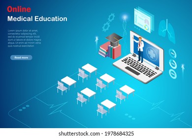 Online Medical Education Technology Concept. Doctor Lecturing In Classroom Via Remote Online Video On Computer With Student Tables And Chairs. Idea For Global  Virtual Technology In Medical School.