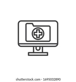 Online medical folder line icon. linear style sign for mobile concept and web design. PC display with Medical record folder outline vector icon. Symbol, logo illustration. Vector graphics