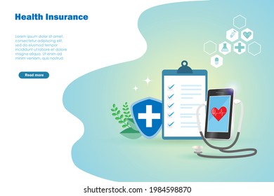 Online Medical Health Insurance Concept. Smart Phone With Stethoscope Online Check Patient Heart Cardiology With Insurance Policy And Shield Guard, Health Care Icons..