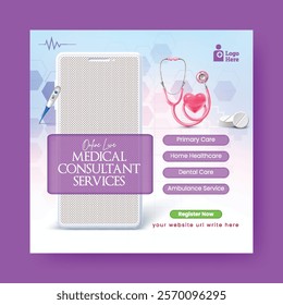 online Medical Healthcare consultation social media post banner ads template, Medical Healthcare mobile app promotion social media post template, 
online doctor Healthcare and nursing care web banner 