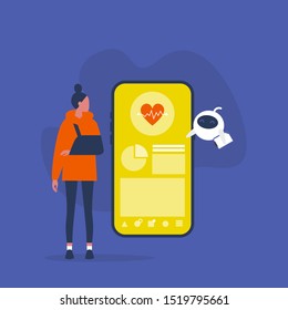 Online medical help. Cute robot demonstrating the interface of the mobile app. Health care. Artificial intelligence. Disabled female patient with a broken hand. Flat editable vector illustration