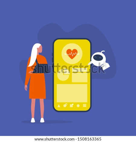 Online medical help. Cute robot demonstrating the interface of the mobile app. Health care. Artificial intelligence. Disabled female patient with a broken hand. Flat editable vector illustration