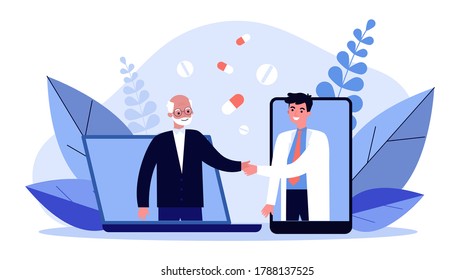 Online medical help. Doctor and senior patient appearing from gadgets and shaking hands flat vector illustration. Communication, healthcare concept for banner, website design or landing web page