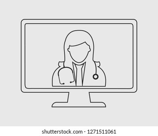 Online Medical help line  Icon. Female Doctor is on computer screen with gray background. 