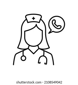 Online Medical Help Line Icon. Hospital Call Center Operator Linear Pictogram. Doctor Support Helpline Outline Icon. Medical Staff, Handset Phone. Editable Stroke. Isolated Vector Illustration.