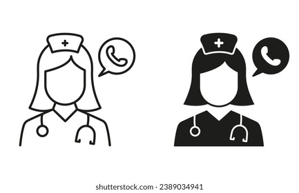 Online Medical Help Line and Silhouette Black Icon Set. Doctor Support Helpline Symbol Collection. Hospital Call Center Operator. Medical Staff, Handset Phone Sign. Isolated Vector Illustration.