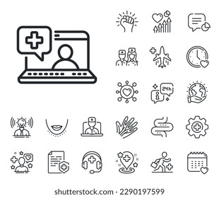 Online medical help sign. Online doctor, patient and medicine outline icons. Medicine laptop line icon. Medical help line sign. Veins, nerves and cosmetic procedure icon. Intestine. Vector