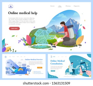 Online Medical Help Vector, Doctor Giving Consultation To Patient And Helping Person To Cope With Injuries In Journey. Woman With Doc Professional. Website Or Webpage Template, Landing Page Flat Style