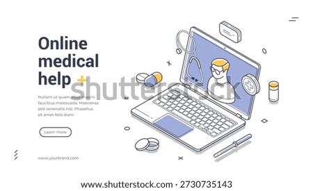 Online medical help web banner. Isometric template for telemedicine. Vector illustration with a laptop showing a doctor for a modern landing page design for a virtual clinic