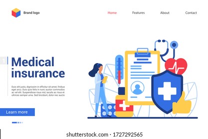 Online medical insurance vector illustration. Cartoon flat website interface design with insurer or doctor character standing near contract document form next to medical cross shield. Medicine healthcare technology concept