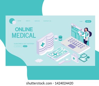 Online Medical isometric vector landing page illustration.
