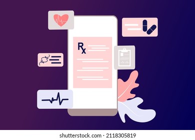 Online medical prescription digital document or online test results report on mobile computer screen. Concept of pharmacy drugstore, diagnosis, hospital, healthcare. Flat vector illustration.	