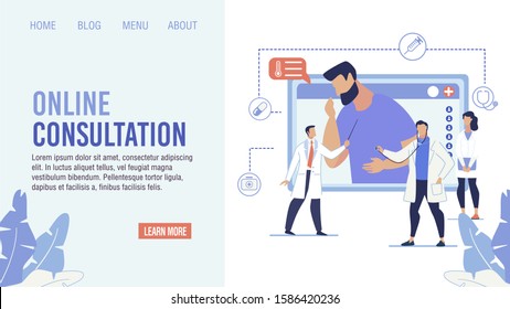 Online Medical Prof Consultation Offer. Cartoon Medical Staff Standing Front of Computer Monitor with Patient Complaining on Cough and Fever. Flat Landing Page Design. Vector Illustration