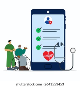 Online medical result concept. A pensioner and nurse on font of big smartphone with result of medical test in screen.
