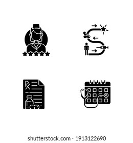 Online medical service black glyph icons set on white space. Review doctor. Therapy journey. Receiving medication prescribed online. Consultation time. Silhouette symbols. Vector isolated illustration