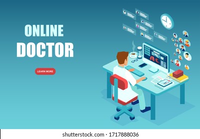 Online Medical Service Concept. Vector Of Medical Professional, A Doctor Making Diagnosis, Giving Consideration To Patients Via Modern Technology, Internet Website 