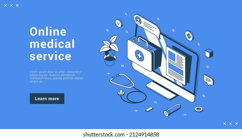 Online medical service doctor remotely consulting landing page isometric vector illustration. Health care diagnostic clinic hospital website user interface. Distance professional physician aid help