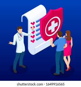 Online Medical Service. Isometric Concept Of Health Insurance. People Are Standing On The Signed Health Insurance Policy.