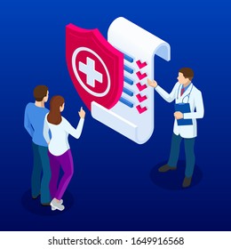 Online medical service. Isometric concept of Health Insurance. People are standing on the signed health insurance policy.