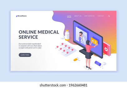 Online medical service. Isometric vector design of modern service with online medical consultation on website with female patient checking information. Isometric web banner, landing page template