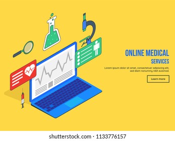 Online medical service landing page design with Isometric view of different medical equipment, services and laptop on yellow background.