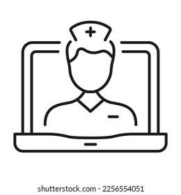 Servicio médico en línea en el icono de la línea de laptops. Símbolo de esquema de atención médica de telemedicina. Consulta Médica. Pictograma lineal del hombre del médico virtual remoto. Stroke editable. Ilustración de vectores aislados.