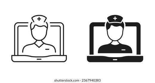 Online Medical Service in Laptop Line and Silhouette Black Icon Set. Physician Virtual Consultation. Telemedicine Healthcare Symbol Collection. Remote Doctor Man Sign. Isolated Vector Illustration.