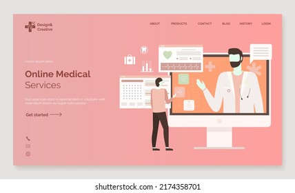 Service médical en ligne, écran d'ordinateur avec vue de portrait du médecin, écran de cardiogrammes, diagonales de patients, image vectorielle du site de soins de santé. Menu déroulant d'application ou modèle de page Web, style plat de page d'accueil