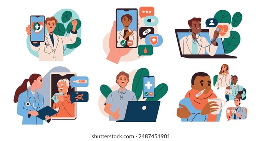 Online medical service. Patients communicate with doctors on smartphone screens. Telemedicine and remote consultation with therapist. Flat vector illustration collection isolated on white background