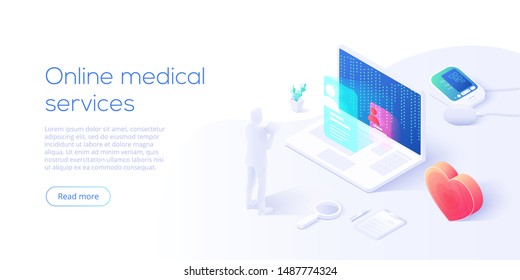 Online Medical Services Concept In Isometric Vector Illustration. Hospital Building With Blood Measuring Or Checking Machine, Heart And Syringe As Healthcare Metaphor. Health Diagnostics Background.