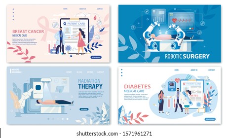 Online Medical Services Flat Landing Page Set. Breast Cancer Medicare, Robotic Surgery, Radiation Therapy, Diabetes Treatment And Control. Cartoon Doctors And Patients. Vector Illustration