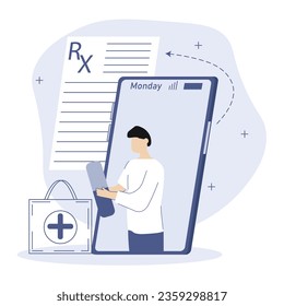 Online medical services illustration .Doctor sends RX for pills to his patient online. Healthcare and medicine concept.Vector illustration.