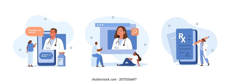 Online medical services illustration set. Patients meeting with doctors online, having consultation and receiving digital prescription. Telemedicine and e-health concept. Vector illustration.