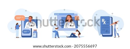 Online medical services illustration set. Patients meeting with doctors online, having consultation and receiving digital prescription. Telemedicine and e-health concept. Vector illustration.