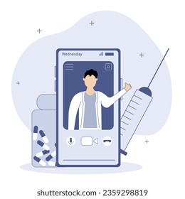 Online medical services illustration .The doctor character can always consult a patient online through a mobile phone. Healthcare and medicine concept.Vector illustration.