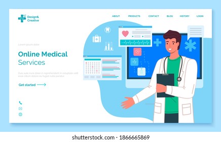 Online Medical Services Landing Page Template. Mobile Medicine. Health And Medical Consultation Application Webpage With Infographic And Doctor Man Therapist, Healthcare And Technology Concept