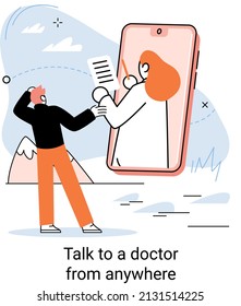 Online medical services mobile application consultation and prescription medicine professional doctor connecting and giving consultation for patient anywhere telemedicine metaphor, health care program