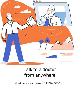Online medical services mobile application consultation and prescription medicine professional doctor connecting and giving consultation for patient anywhere telemedicine metaphor, health care program