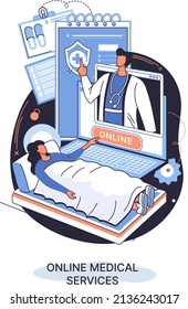 Servicios médicos en línea consulta de aplicaciones móviles y medicina de prescripción médica profesional de conexión y consulta para pacientes, metáfora del concepto de telemedicina, programa de atención de la salud